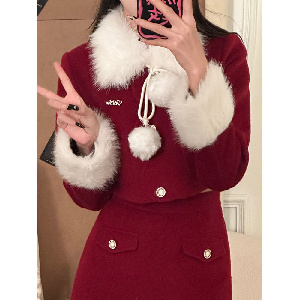 【白雪冬愿】秋冬新年圣诞氛围感收腰显瘦学院风上衣半裙套装女