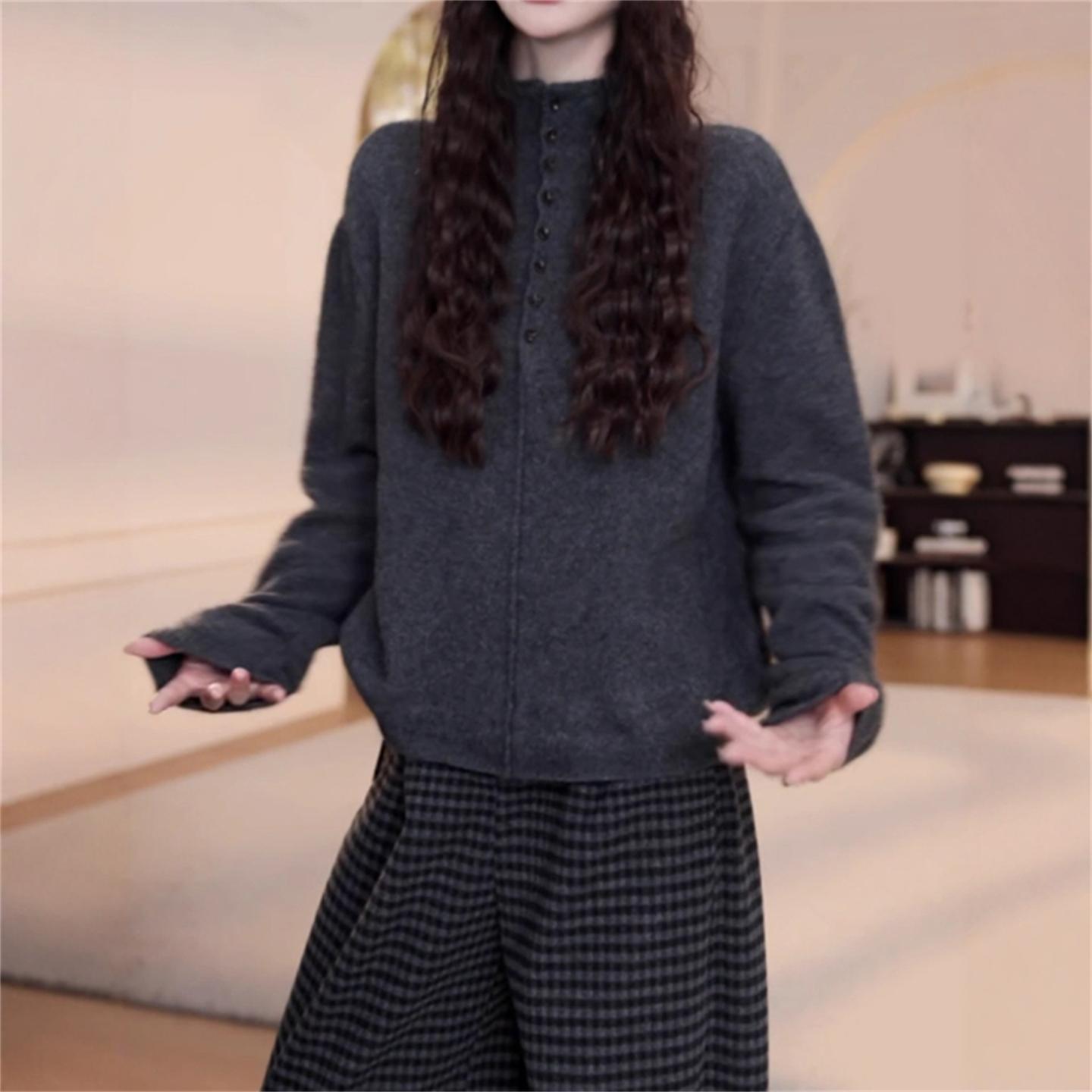 高级感半高领针织衫女秋冬季新款大码胖MM显瘦宽松设计感长袖毛衣