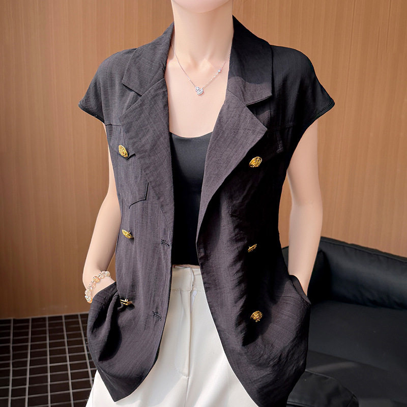春夏新款亚麻西装领开衫女式修身显瘦无袖马甲带兜金扣腰带衬衣