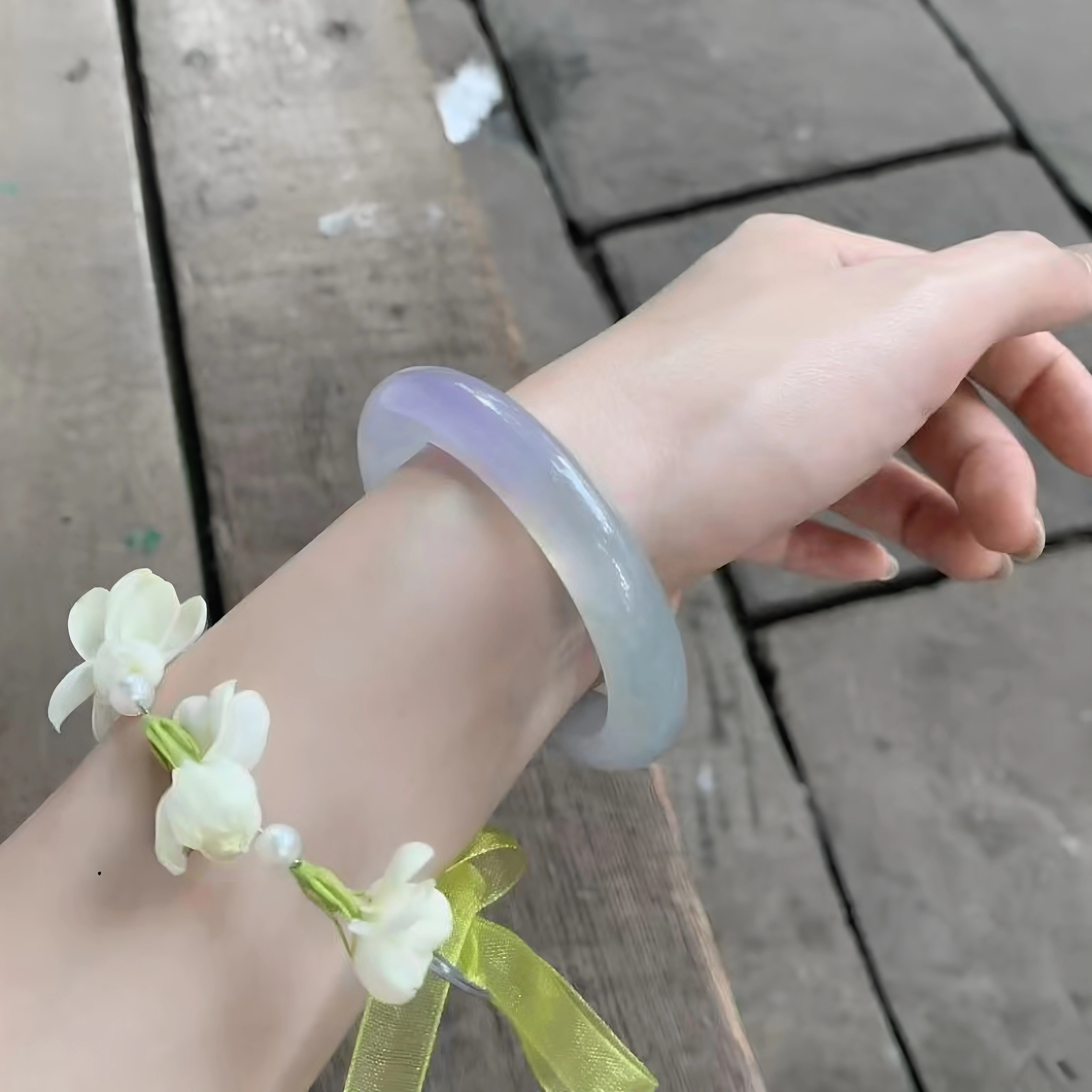 最相物"烟墨系列"高端缅甸翡翠贵妃镯冰种紫罗兰正品玉手镯子处理