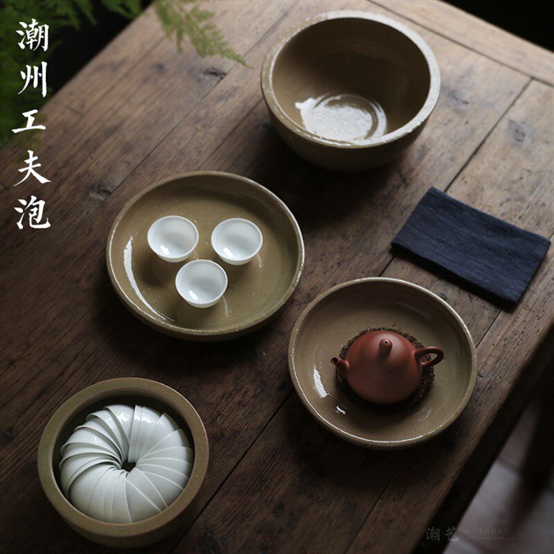 手工潮州功夫茶具干泡茶盘杯垫水盂仿古开片茶壶承杯托潮式工夫泡
