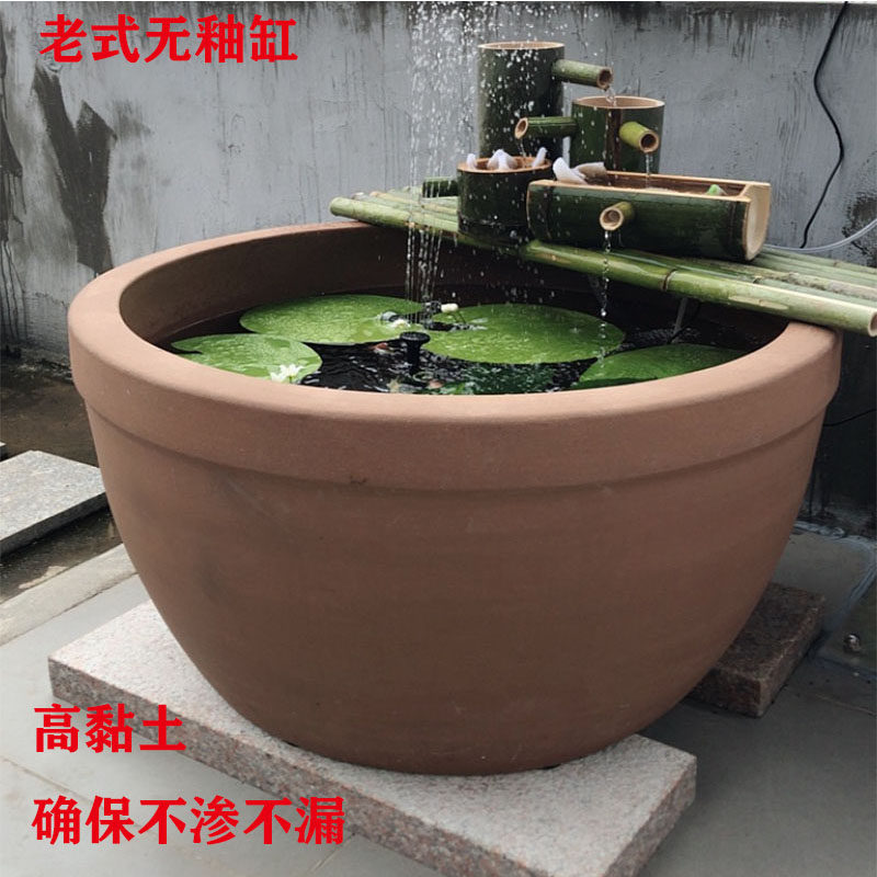 无釉土陶缸养鱼粗陶缸 中式复古水缸手工雕刻陶缸老式水缸