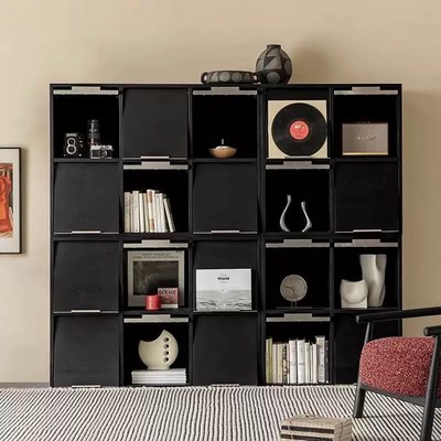 皮埃尔柜实木书柜自由组合柜一体靠墙客厅黑色模块展示柜储物边柜