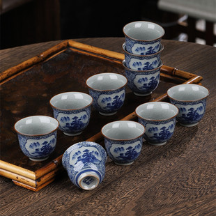 青花瓷茶杯单杯主人杯复古冰裂纹陶瓷茶具茶盏茶碗品茗闻香杯套装