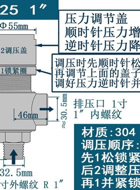304不锈钢卸泄压装置 1寸螺纹 0.15-0.4Mpa DN25可调(1.5-4Bar)