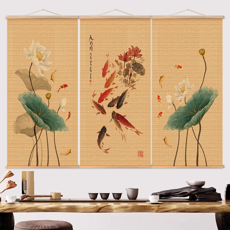 挂画竹帘茶席中式复古书法图中式挂帘书房装饰画茶室玄关九鱼吉祥图片