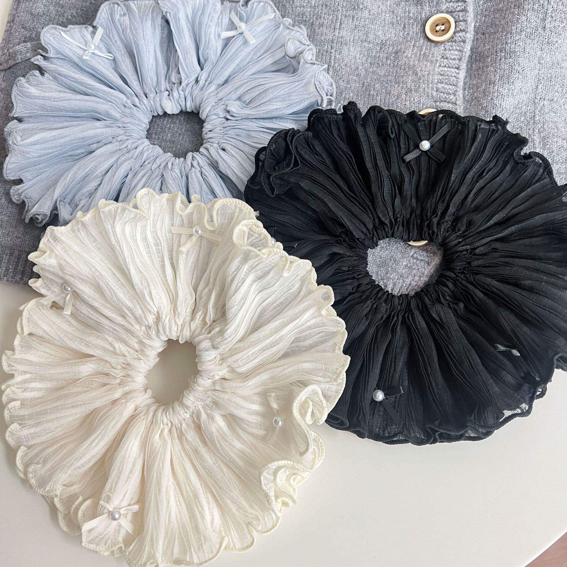 褶皱布艺珍珠蝴蝶结双层超大发圈清新甜美木耳边扎马尾发饰新款