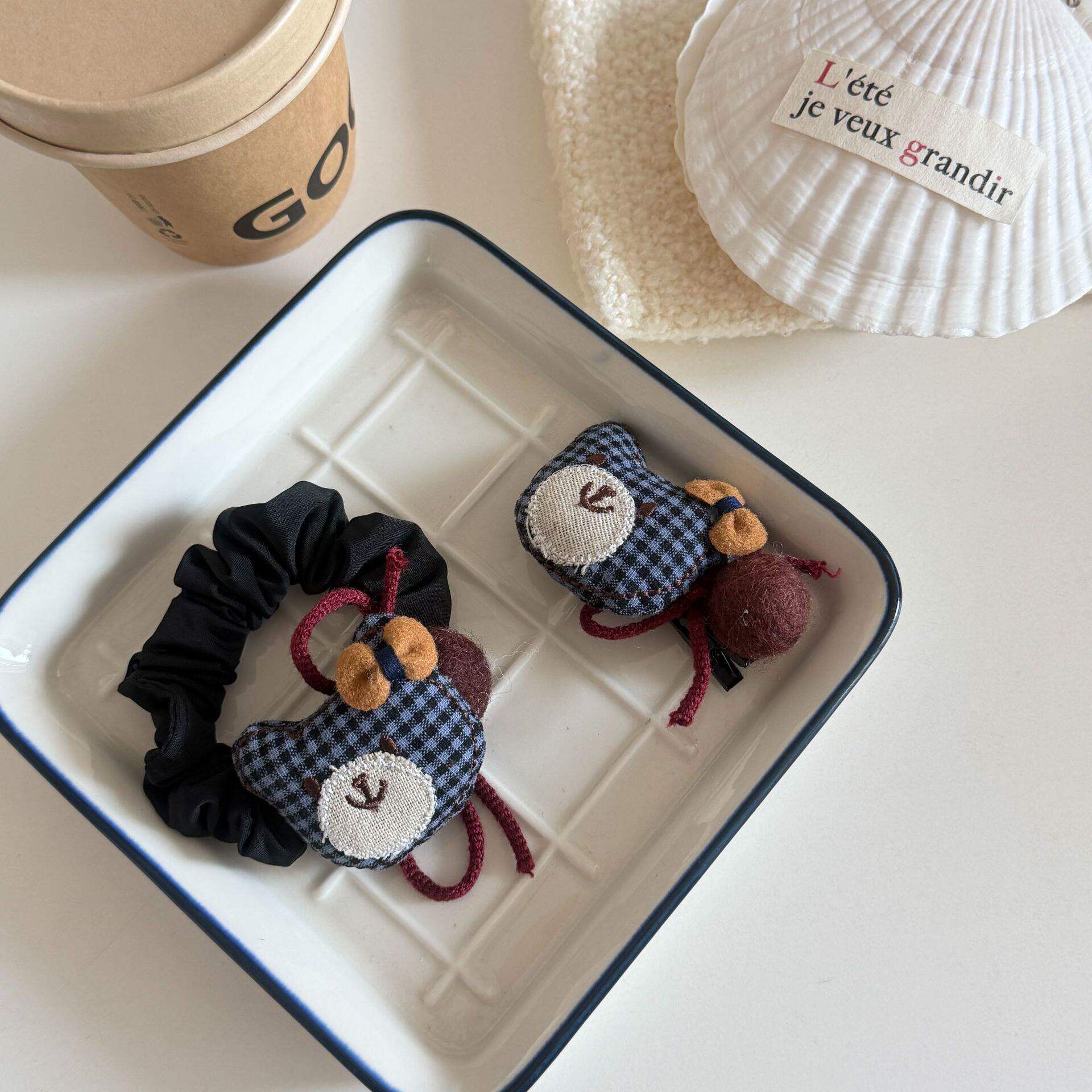 可爱格子发夹小熊蝴蝶结绑带小肠发圈发绳女高弹力头绳简单刘海夹