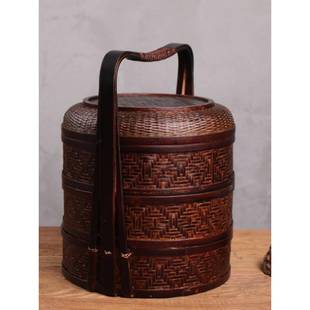 竹编制品老式食盒多层手提竹编带盖提篮子中式复古古代双层提盒
