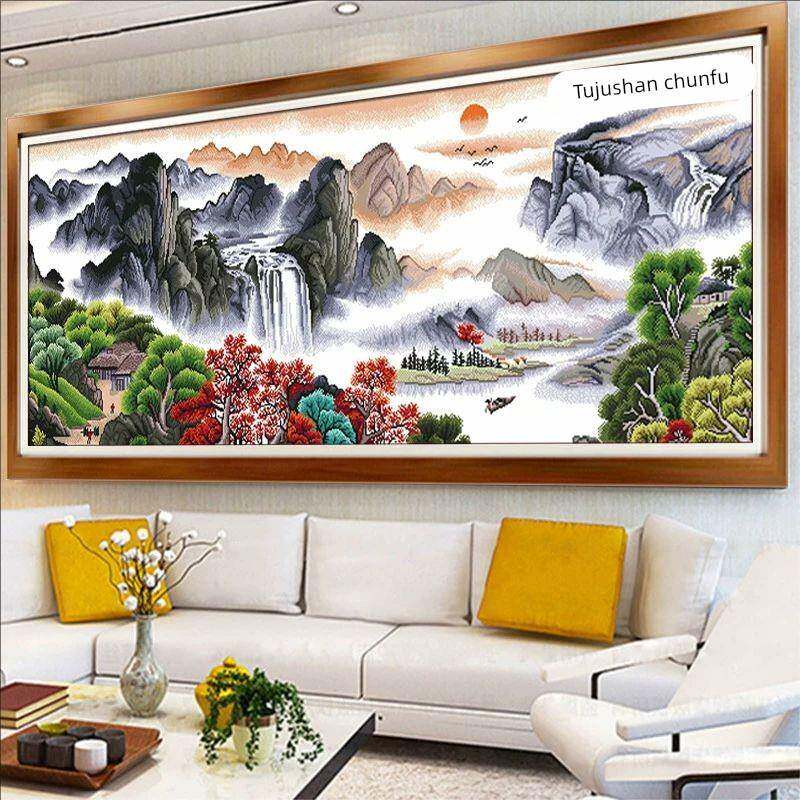 纯手工十字绣成品富春山居图山水风景画客厅办公室挂画绣好的带框
