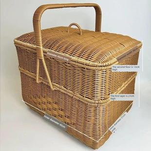 手工编织户外拜拜提篮野餐双层长方形带盖收纳酒店送餐提盒摆地摊