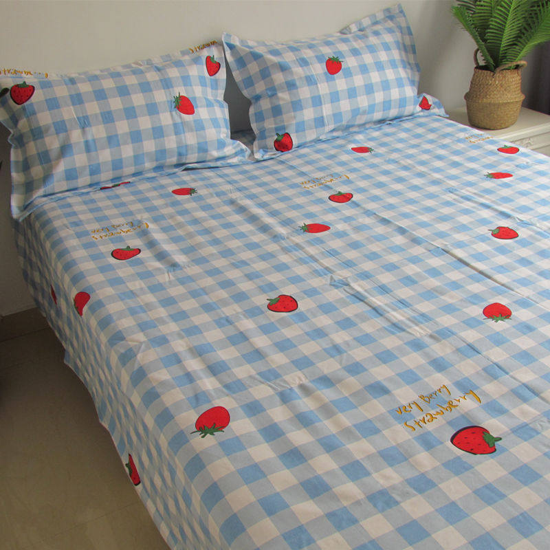 全棉老粗布格子床单单件可爱草莓双人床单软凉席1.8/2m床帆布睡单