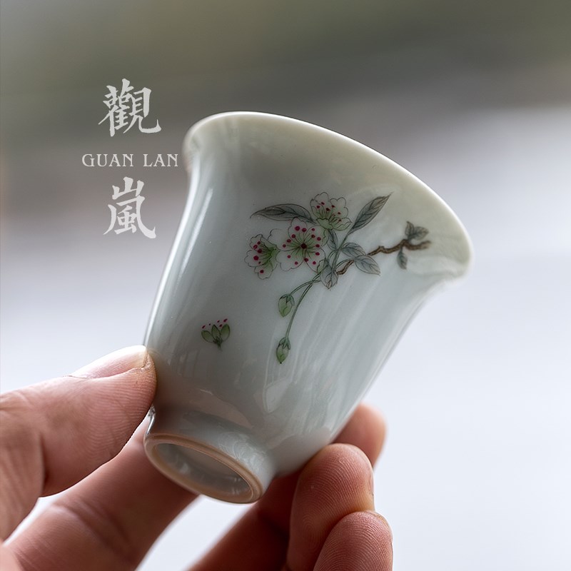 观岚仿古胎手绘海棠花闻香杯陶瓷家用茶杯个人杯薄胎釉上彩品茗杯