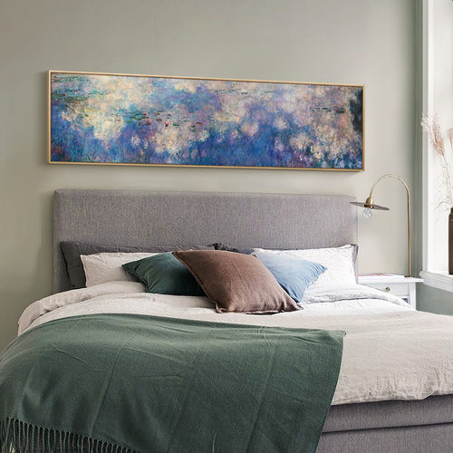 上品印画 莫奈睡莲和云彩 欧式样板房卧室风景画床头挂画装饰画框