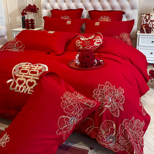 刺绣喜庆被套新婚房嫁礼结婚床上用品 高端婚庆磨毛四件套床笠款