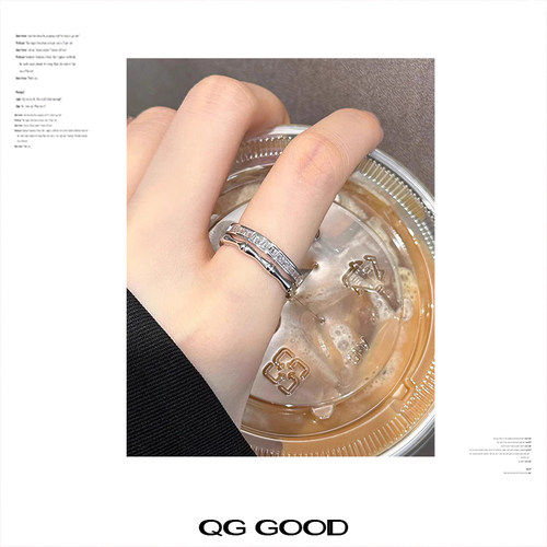 双层竹节锆石时尚设计开口指环不掉色戒指女小众高级轻奢风食指戒