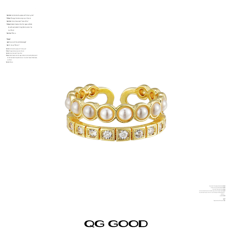 百搭女优雅时尚轻奢小众双层珍珠戒指开口可调节食指戒指环