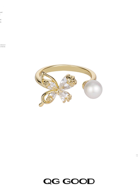 法式精致优雅珍珠蝴蝶开口戒指女士轻奢时尚高级感百搭食指戒手饰