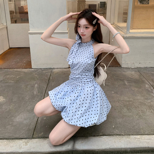 纯欲波点挂脖吊带连衣裙子女夏季 巨好看海边度假短裙 2025新款 爆款