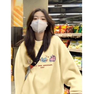 淡黄色圆领卫衣女秋冬保暖加绒加厚oversize小众设计感无帽上衣潮