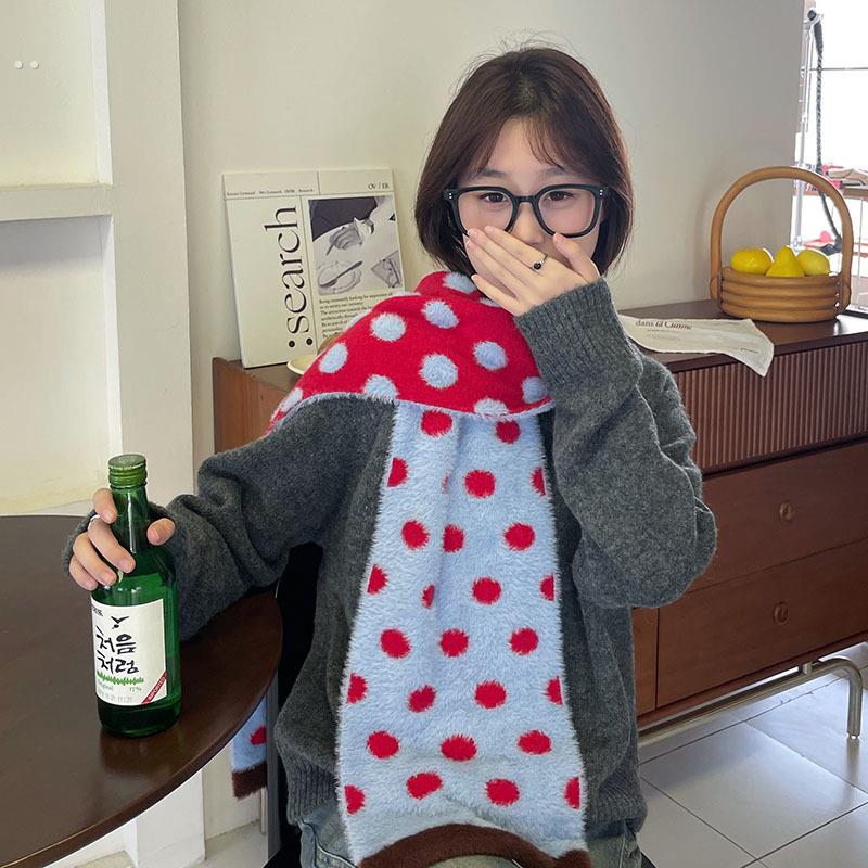 红蓝色双面波点围巾冬季女2024年新款保暖仿貂毛围脖秋天拍照神器