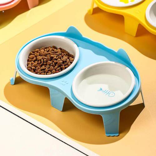 猫碗陶瓷猫食盆猫咪碗宠物碗斜口保护颈椎防打翻双碗喝水喂食一体
