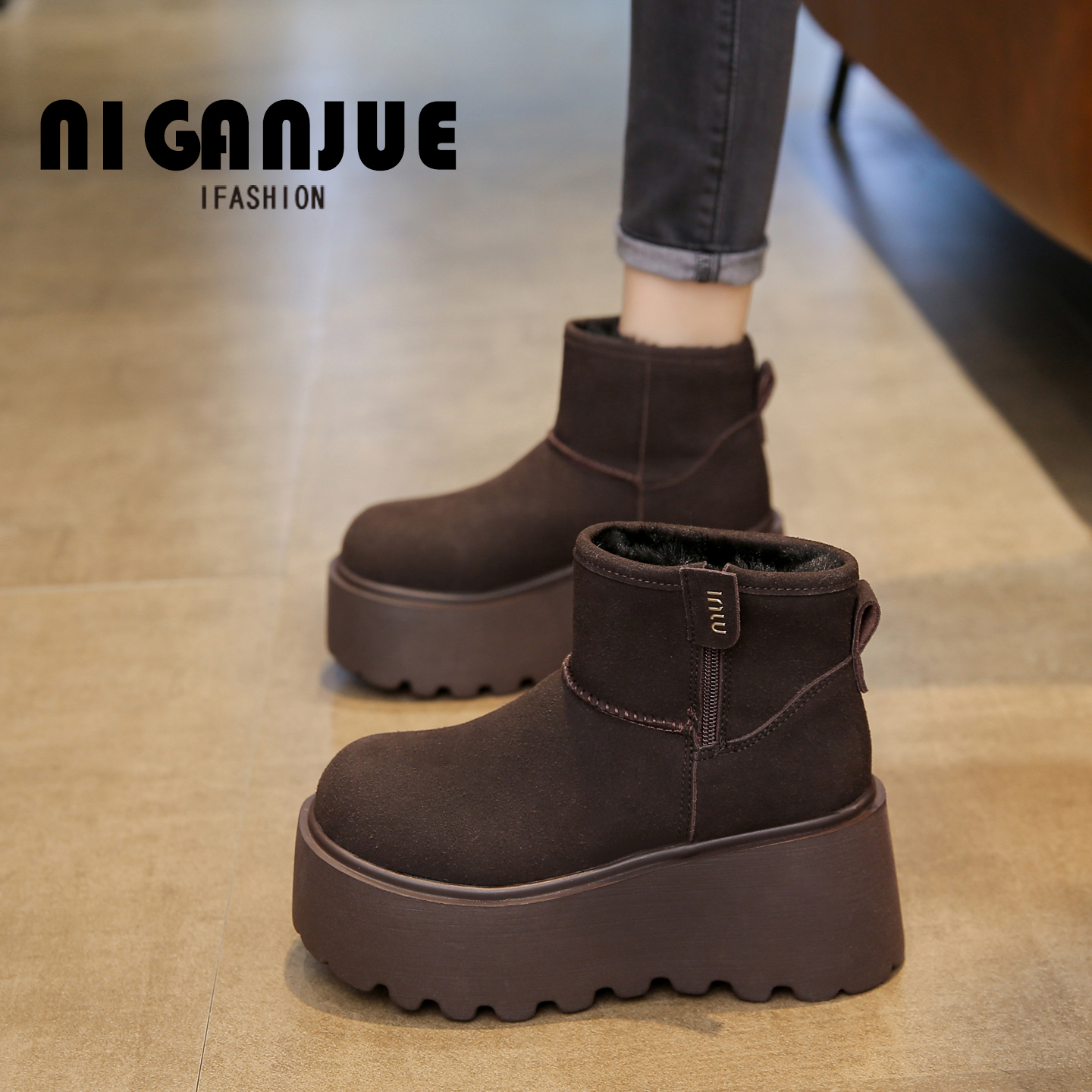 厚底雪地靴加绒短靴保暖东北棉鞋