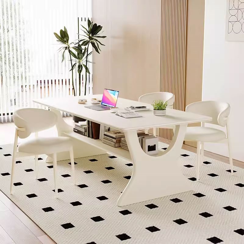 奶油风格岩板实木阅读学习桌家用客厅大书桌餐桌椅工作台现代简约