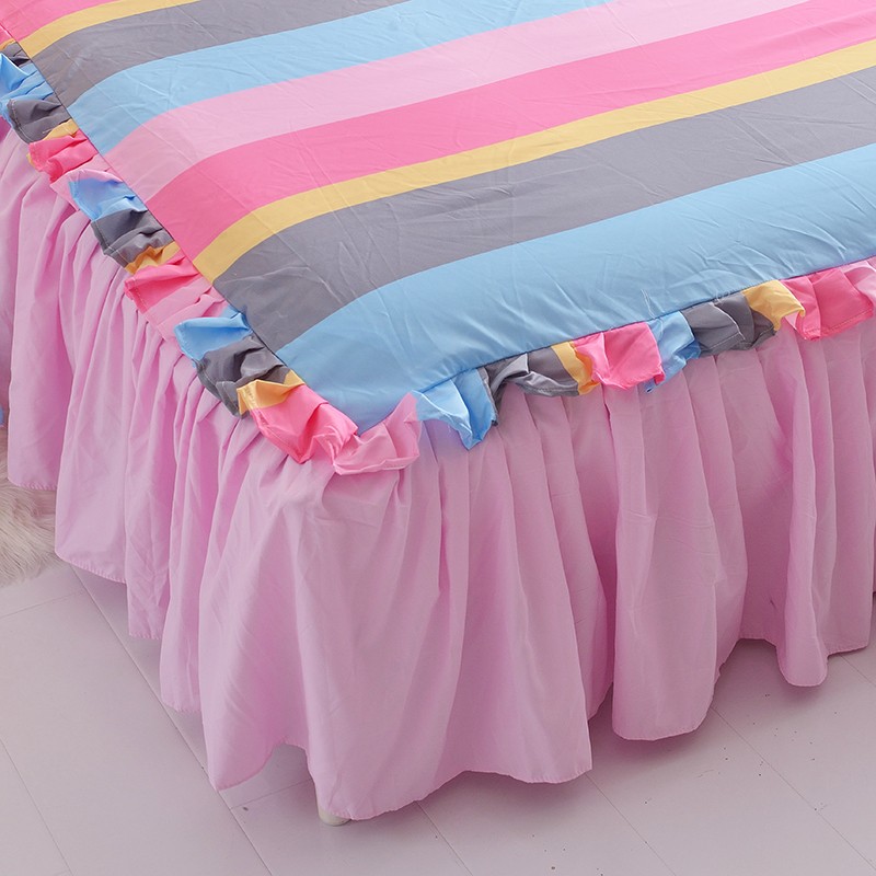 彩虹条纹糖果磨毛床裙床罩单件床套床单床笠花边三件套防尘罩公主