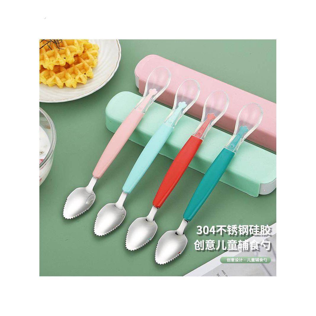 儿童宝宝双头刮泥勺创意硅胶勺子婴儿304不锈钢刮泥勺可爱辅食勺,婴童用品,儿童勺,淘宝优惠券,粉丝福利购,淘宝优惠卷