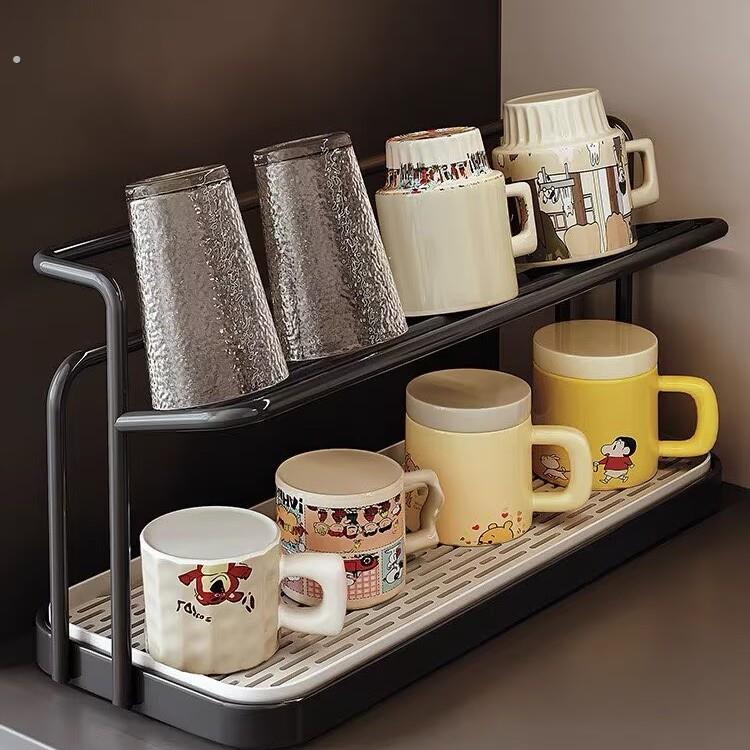 厨房台面杯架双层沥水置物架家用餐桌茶杯咖啡杯保温壶桌面收纳架