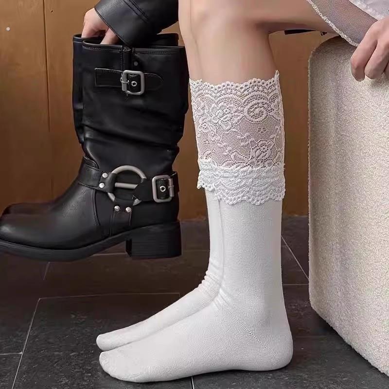 蕾丝花边小腿袜子女春秋春季白色长袜配靴子过膝袜显瘦中长筒袜