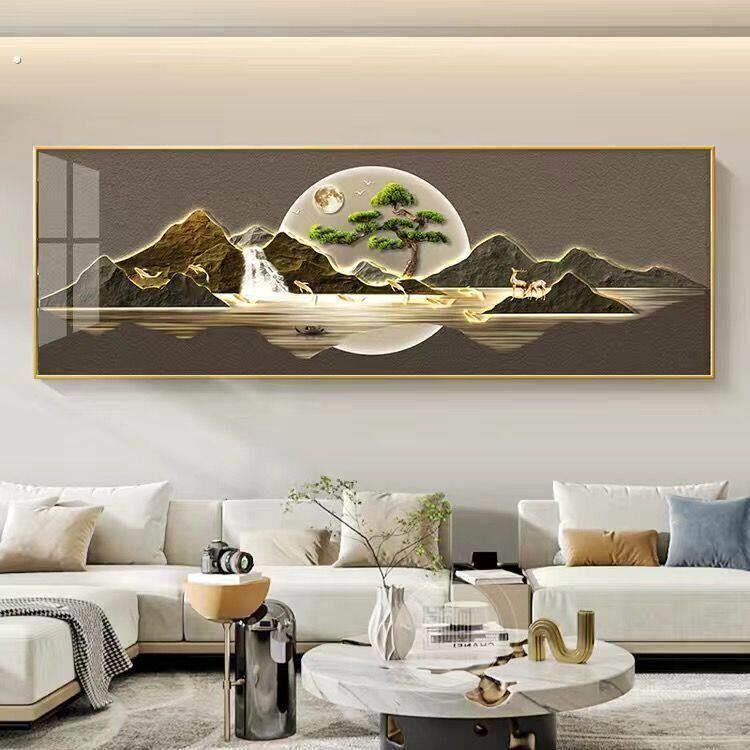 流水生财客厅装饰画山水画新中式沙发背景墙挂画旭日东升山水壁画