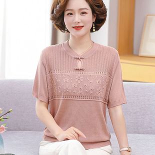 妈妈夏装 T恤小衫 2024新款 短袖 中老年国风女冰丝针织夏季 上衣套装