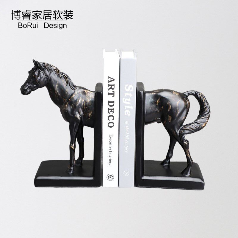 现代新中式黑色马书挡样板间书房书架书桌动物书靠书装饰品
