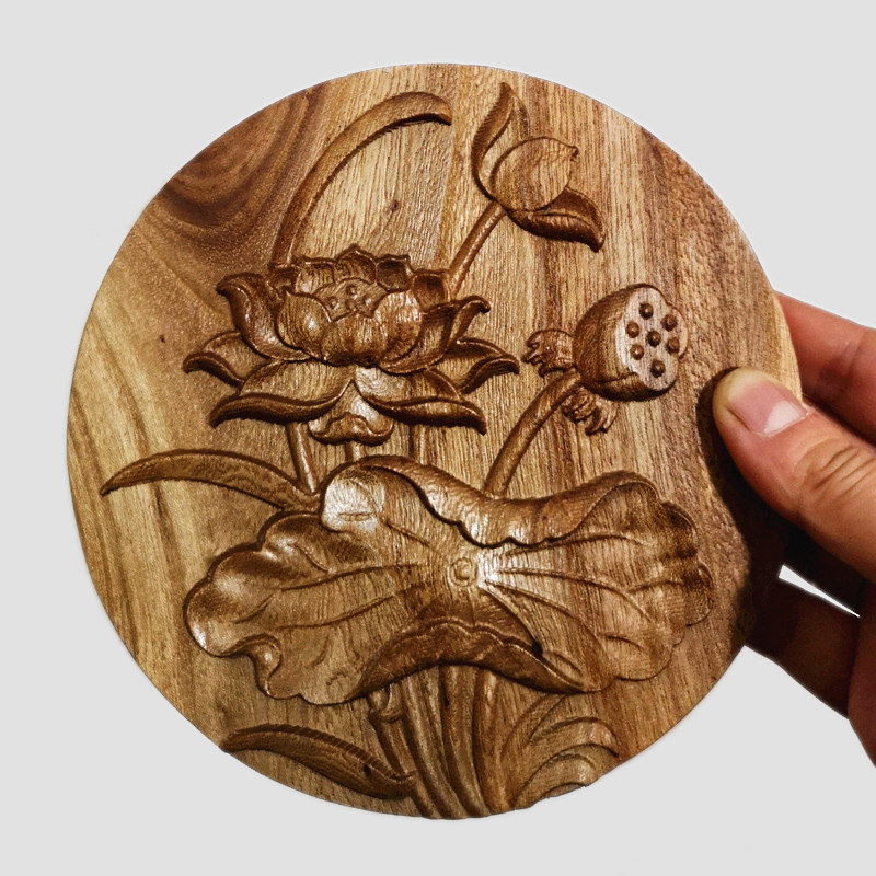 木雕花壁画木板装饰画 荷花莲花图案壁挂装饰木艺木贴花 定
