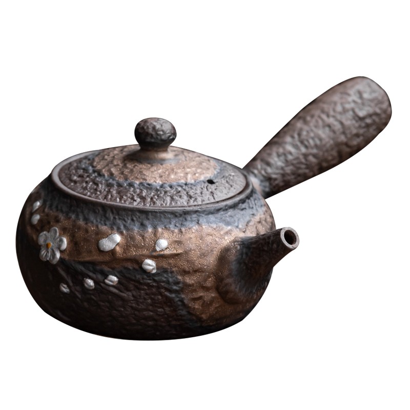 粗陶鎏金侧把茶壶单壶梅花日式复古功夫茶具手工陶瓷温茶炉装