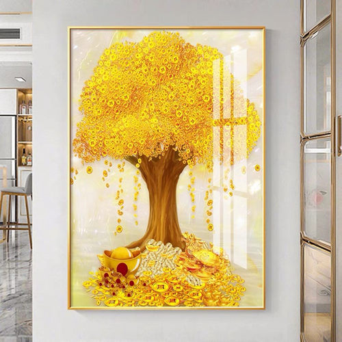 新中式入户玄关画现代正对门挂画发财摇钱树壁画