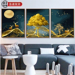 y数字油画油彩画三联三拼画手绘填色客厅大风景装饰画金色麋鹿