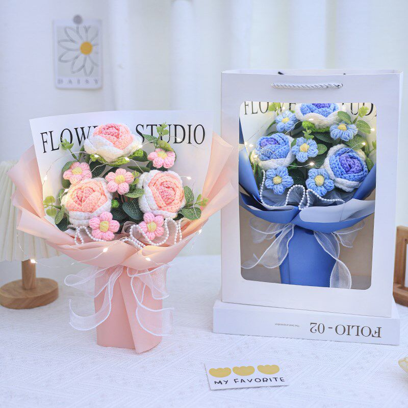 手工钩针编织玫瑰毛线花束仿真假永生花送朋友生日送女友