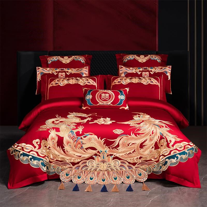 140支婚庆四件套大红全棉长绒棉刺绣龙凤新婚房高档精品结婚床品
