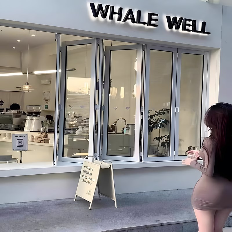 网红左右折e叠窗厨房奶茶咖啡店吧台开放式无下轨铝合金重型折叠