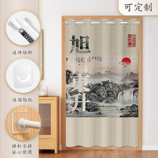 中式门帘山水画遮挡帘子厨房空调挡风卧室书房卫生间免打孔隔断帘