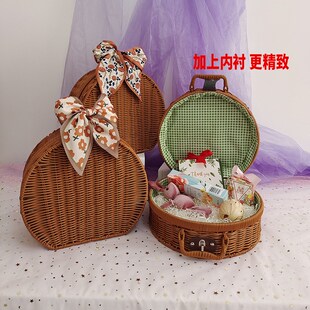 藤编圆形结婚礼物手提p箱伴手喜糖盒子复古装饰礼物箱编织藤箱道