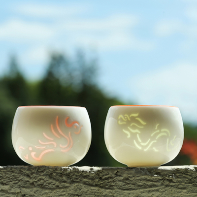 羊脂玉玲珑龙凤主人杯单杯对杯陶瓷功夫茶杯个人专用高档茶碗茶具