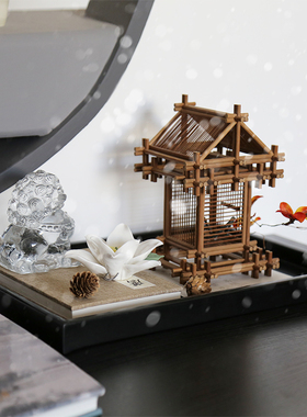 新中式罩榫卯建筑琉璃狮子组合样板间书房茶几软装饰品