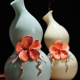 博古架中式 古风饰品 陶瓷葫芦花瓶摆件酒柜客厅插花装 饰房间寝室