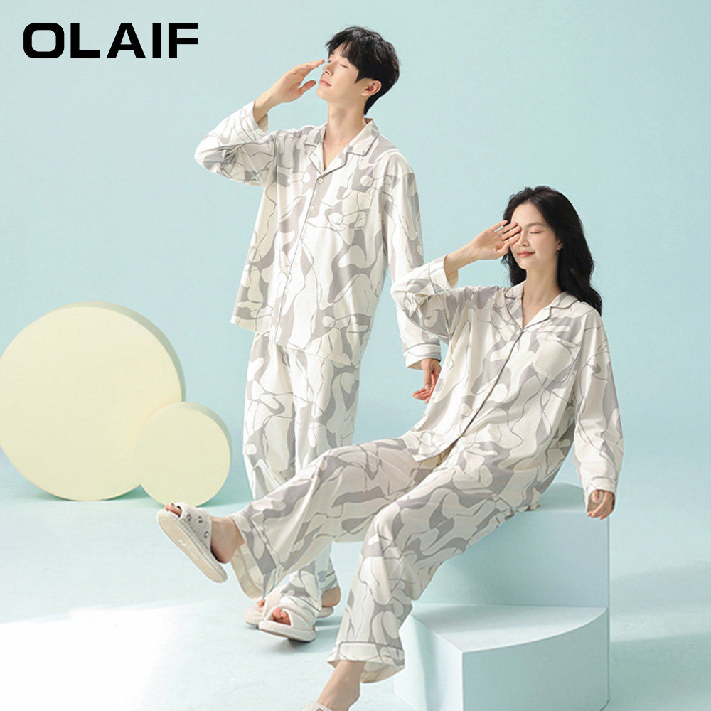 OLAIF 25春季新款情侣睡衣纯棉长袖女士拉架棉男款家居服休闲套装