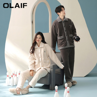 OLAIF情侣睡衣冬季 可外穿宽松舒适 加厚保暖米菲一体绒家居服套装