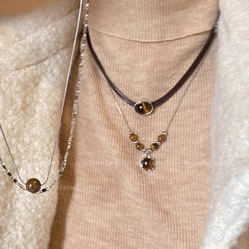 皮革虎眼石项链女复古气质毛衣链轻奢小众叠戴中式锁骨链卫衣配饰,饰品/流行首饰/时尚饰品新,银饰项链,淘宝优惠券,粉丝福利购,淘宝优惠卷